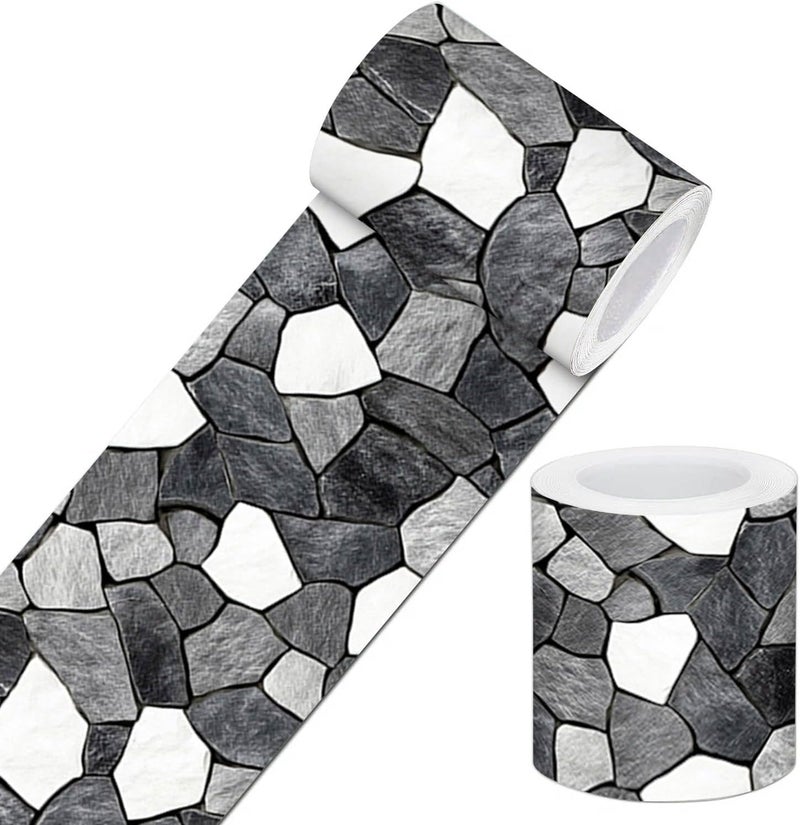 IVN Wallpaper Border Black White Stone Pattern Design 4x196 Inch Peel and Stick Wallpaper Border for Mirror Frame Bathroom Laundry Room Pool Area Living Room Wall Decor - Image 1